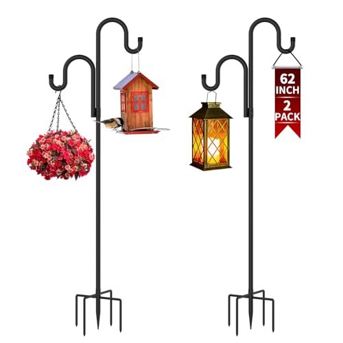 Double Shepherds Hooks for Outdoor 2 Pack 62 Inch | Stable yard hanging pole, perfect for hummingbird feeders, wind chimes, lanterns & outdoor decorative ornaments - size: 62 Inch