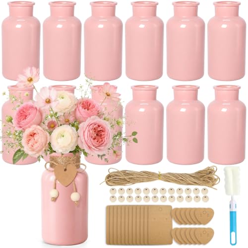 TBWIND Mason Jar Vases for Centerpieces, 12PCS Pink Glass Flower Vases - color: Pink