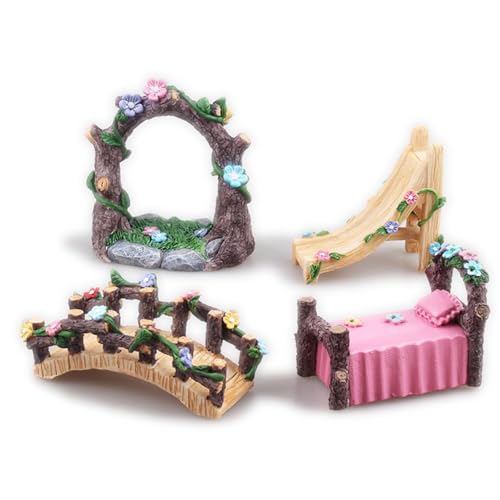 Kai Dream Miniature Fairy Garden Accessories Set, 4 Piece Resin Decorative Landscape Kit with Arch, Bridge, Bed and Slide, Floral Garden Ornaments - style: Arch, Slide, Bridge, Bed Set
