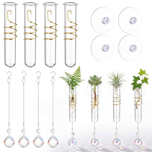 Zhehao 4 Set Window Hanging Propagation Stations 5.9'' Plastic Propagation Vases with Suction Cup & Crystal Pendants, Propagated Plant Holder Wall Jars for Home Office Garden Decoration Lover Gift