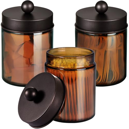 Amber Glass Qtip Holder, Apothecary Jars with brown Metal Lid & Stickers - color: Jar Amber/Lid Bronze