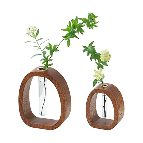 Walnut Wood Glass Flower Vase with Test Tubes, Large+Small | Modern Hydroponic Planter, Fresh Cut Flowers, Handcrafted Tabletop Decor, Home, Office, Farmhouse Style - size: Large+Small