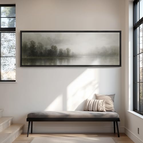 wall26 Large Framed Wall Art Canvas Print - Foggy Riverside Woodland for Living Room Bedroom Office - 60"x20" Black - color: A11-2511-YUK07, size: 60"L x 20"W, style: Black Frame