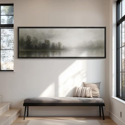 wall26 Large Framed Wall Art Canvas Print - Foggy Riverside Woodland for Living Room Bedroom Office - 60"x20" Black - color: A11-2511-YUK07, size: 60"L x 20"W, style: Black Frame