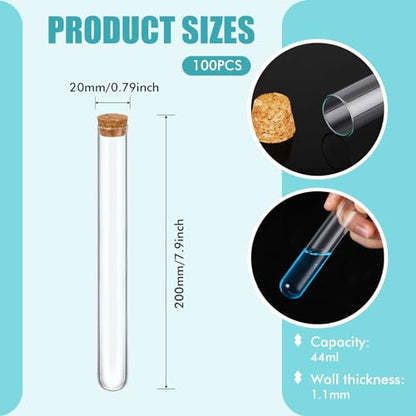 Thyle 100PCS Glass Test Tubes with Cork Clear Stoppers Round Bottom Lab Test Alcohol Tampons Glass Tubes Container Vials for Plants Scientific Experiments Candy Storage Party Favors (20x200mm/44ml) - size: 20x200mm/44ml