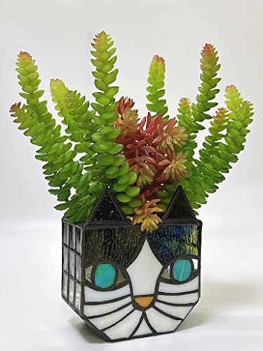 Tiffany Cute Cat Stained Glass Flower Pots,Indoor and Outdoor Plant Displays,Cat Plant Planter,Candle Holder Container Decoration 4.6 x 5.15 x 2.3 inch(11.7 x 13.1 x 5.8 CM)(Without Succulents)Black - color: Black—white