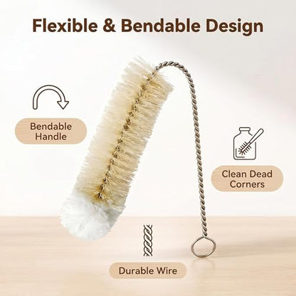 Narrow Bottle Brush Set Small Bottle Brushes Thin Long Handle Bottle Brush | 4 Pack with Natural Boar Bristle & Soft Cotton Tip, 304 Stainless Steel Handle,for Water Bottles, Test Tubes, Straws