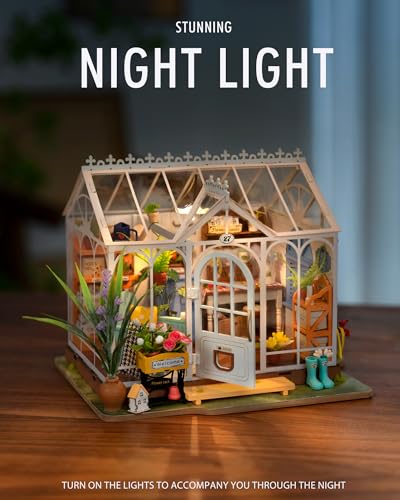 Rolife Greenhouse DIY Miniature Dollhouse Kit Creative Gift for Adults | 1:18 Scale Dreamy Garden Tiny House with LED Light, Wooden 3D Puzzle Model Kit, Diorama Craft Set for Home Decor Display - style: Garden House