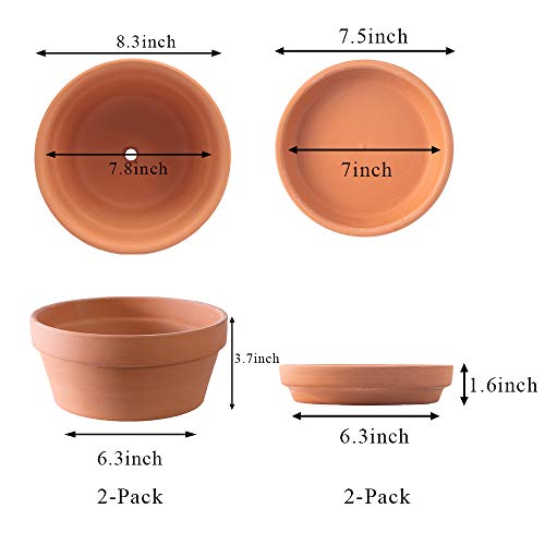 Yishang Large Terracotta Pots with Saucer/Tray for Succulent - 8 Inch Cactus Plant Containers Indoor Garden Bonsai Pots with Drainage Hole - Set of 2, Unglazed Clay Ceramic Pottery Planter (Pack of 2) - size: 8 Inches (Pack of 2)