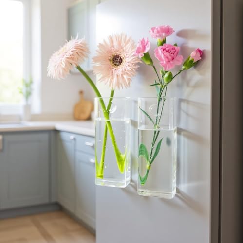 2PCS Magnetic Refrigerator Test Tube Vases - Wooden Fridge Magnet Planters (Light/Dark Wood), Hydroponic Propagation Station with Glass Tubes (Transparent)