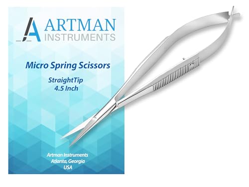 ARTMAN Micro Scissors 4.5” Straight Castroviejo – Premium Stainless Steel Spring Action Squeeze Scissors for Stitch Cutting, Sewing, Embroidery, Applique, Craft, Dental & Surgical Precision