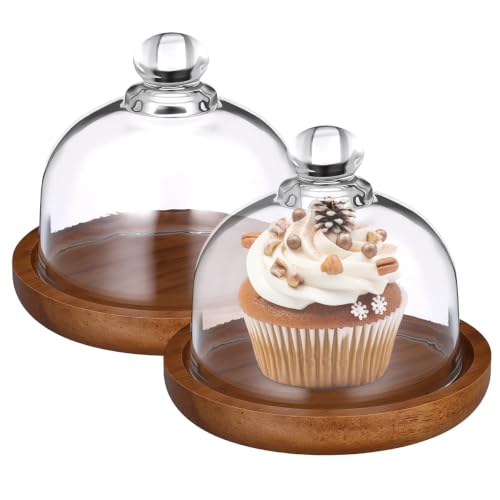 Cabilock 2-Pack Wooden Cake Stand with Glass Dome, Mini Dessert Display Tray for Cupcakes, Cookies, Pastries | Elegant Serving Platter for Wedding, Birthday Party, Restaurant, and Home Kitchen Use
