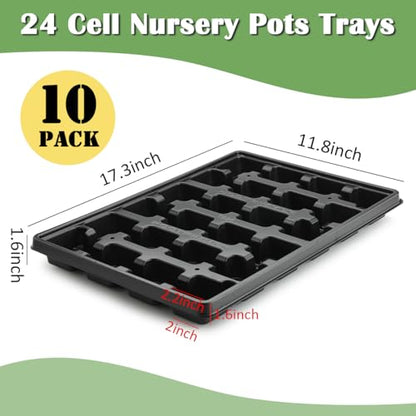 RooTrimmer 24 Cell Nursery Pots Trays 10 Pack (17"x11"x1.6"), Reusable Plastic Plant Pot Tray with Drain Holes, Carrying Seed Starter Tray for Holding 2.8 inch (7CM) Square Nursery Pots (Black) - color: Black, size: 24 Cell Trays-10 Pack