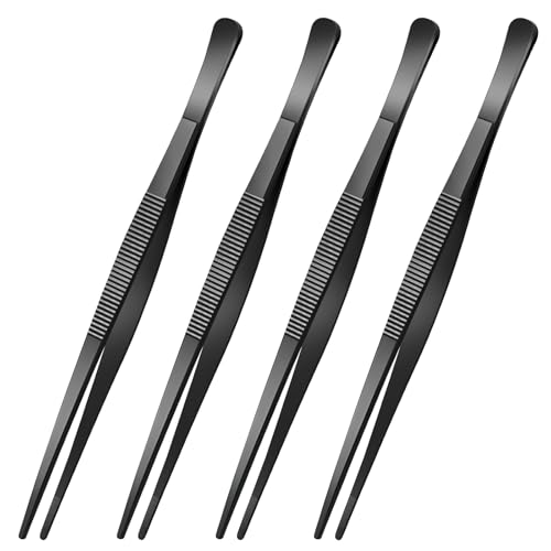Yaomiao 4 Packs 10 Inch Bar Tweezers Black Multi-use Cocktail Tongs | Long Garnish Tweezers Stainless Steel Bartender Kitchen Cooking Tongs for Cocktail Food Fruit Korean BBQ Bartender Chef - color: Black, size: 10 Inch