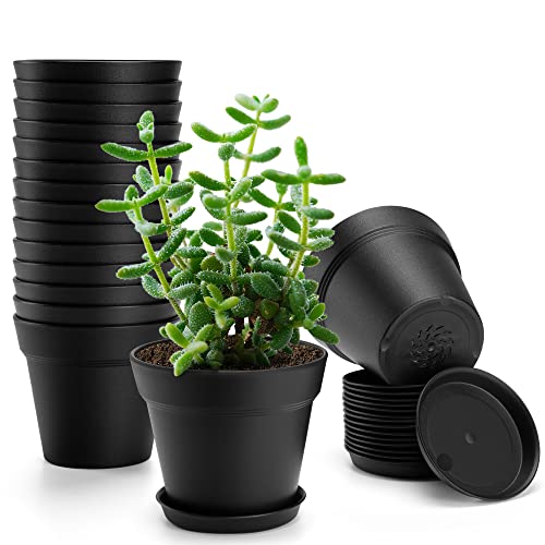4 inch 16 Pack Plastic Plant Pots with Drainage Holes and Tray, Black | Thickened Indoor Planters Seedlings Nursery Pots for Flowers, African Violet, Succulent and All House Plants - color: Black, size: 16 Pack-4in