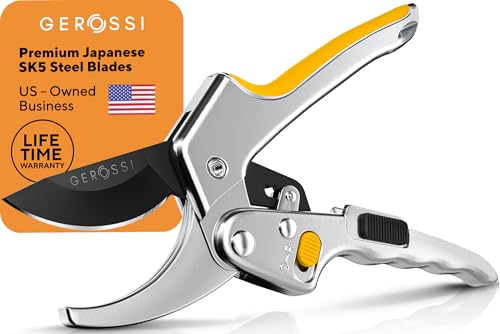 Gerossi Ratchet Pruning Shears Heavy Duty, Hand Pruners for Gardening - color: Silver-yellow