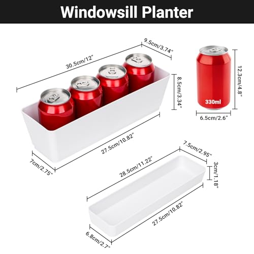 GREANER Herb Planter with Tray, 1 Pack 12x3.8 Inch Rectangle Window Box, Indoor Succulent Flowers Succulent Plastic Pot for Windowsill, Garden, Balcony, Office Outdoor Decoration - White - size: 1Pack/12x3.8in