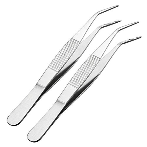 uxcell 2 Pcs 5" Stainless Steel Tweezers with Curved Pointed Serrated Tip