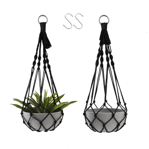Artilady Macrame Plant Hanger Black, Boho Hanging Planter for Indoor Plants | Large Plant Holder No Tassels, Hanging Baskets for Plants Outdoor, Farmhouse Rustic, Window Balcony Wall Decor, 2 Pack