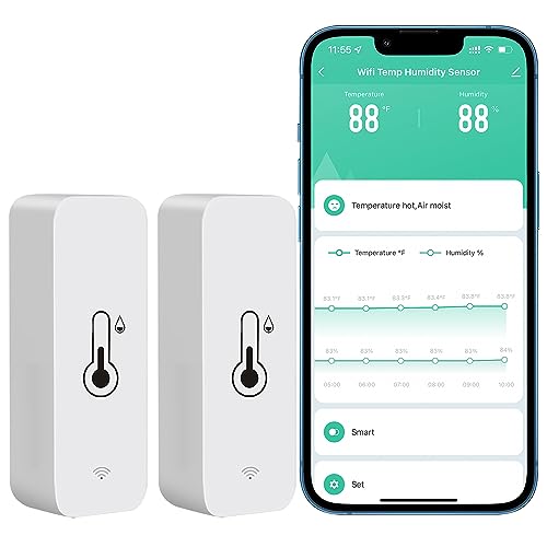 Tuya Smart Wireless Battery Powered Humidity and Temperature Sensor, Free Data Storage Export, Long-Lasting for Home/Basement/Baby Room, Alexa Compatible, Real-Time Alerts via App (2 Pack)