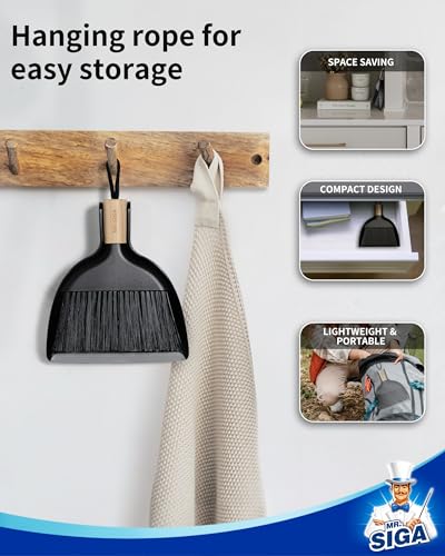 MR.SIGA Mini Dustpan and Brush Set, Bamboo Handle, Black, 1 Set | Portable cleaning brush and dustpan combo, handheld brush and dustpan combo with hanging loop - color: Black