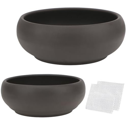 Bonsai Pot 6-8" Unglazed Round Ceramic Succulent Planter + Drainage Screen - size: 6-8 Inch