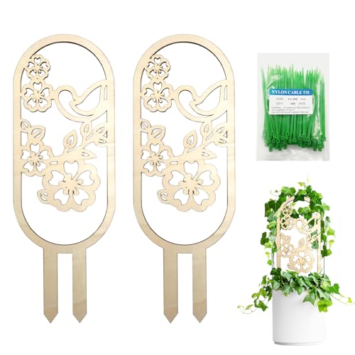 SNAIL GARDEN 2Pcs Small Trellis for Indoor Plants with Bird and Flower Pattern,Wooden Indoor Plant Trellis for Climbing Plants with 100Pcs Green Cable Zip Ties,House Plant Trellis for Potted Plants
