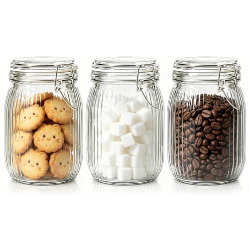 ComSaf Ribbed Glass Storage Jars Airtight Lids 34oz 3 Pack Pantry Flour | BPA-free food-grade glass, ribbed texture, bulk flour & rice, pantry organization, kitchen canister set - size: 37oz*3-Ribbed