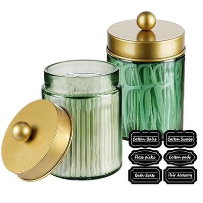 Amolliar Glass Apothecary Jar Qtip Holder w/Metal Lids, Green-Golden, 2pc - color: Green-Gold Lid