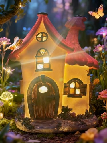 fairy garden house,fairy house,8 in,fairy garden accessories,solar powered - style: D-Pink Flower House
