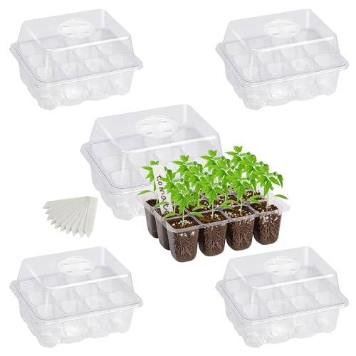 5-Pack Seed Starter Trays, Humidity Dome, Base, 12-Cell Tray, Clear | Adjustable Vents Control Humidity & Temperature, Clear Trays Monitor Roots Without Disturbing Seedlings, Ideal for Indoor Use - color: Clear, size: 5 Packs