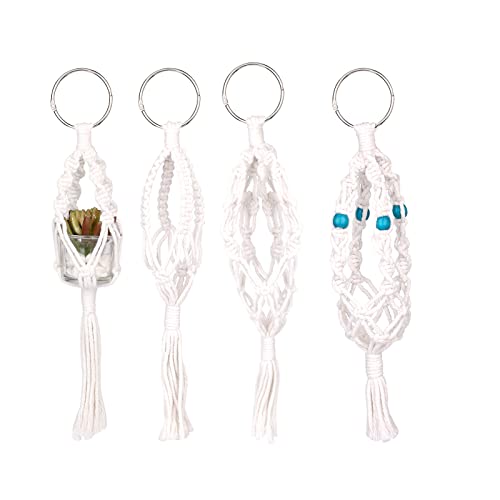 Savita 4 Pcs Car Plant Hangers, Mini Macrame Plant Hanger, Rear View Mirror Charm Hanging Plant Holder Accessories for Succulent Chlorophytum Car (White, 4 Styles)