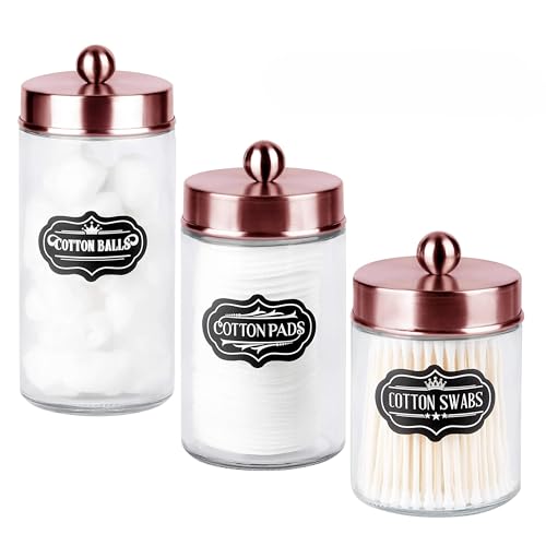 Apothecary Jars 3 Pack - Glass Bathroom Containers with Stainless Steel Lids - Rustic Farmhouse Decor Bathroom Accessories, Vanity Organizer Apothecary Jars for Qtip/Cotton Balls (Rose Gold) - color: Rose Gold