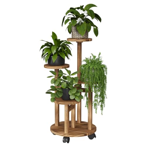 Uneedem 4 Tier Plant Stand Indoor with Wheels, Wood Tall Corner Plant Shelf | Rolling Plant Rack for Indoor Plants, Multi-tier Planter Pot Holder Flower Stand for Outdoor Living Room Balcony Garden Patio