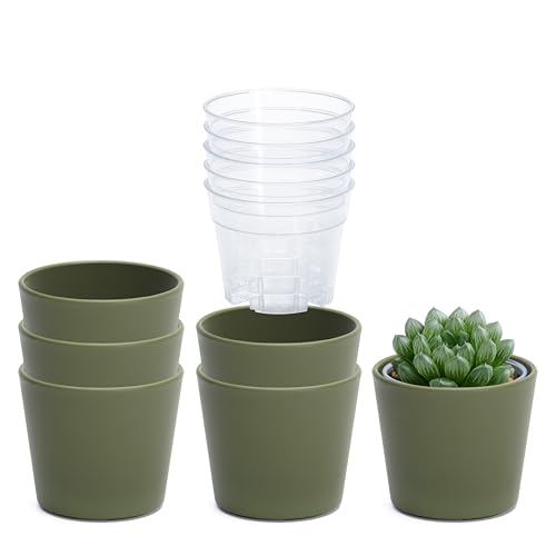 Phoenix Vine 3.5 Inch Olive Plastic Cachepot with Clear Nursery Pot, Decorative Lightweight Planter Cover with Transparent Inner Pot for Indoor Houseplants, Pack of 6, 24-A-F-6 - color: Olive, size: 3.5" (6 Pack)