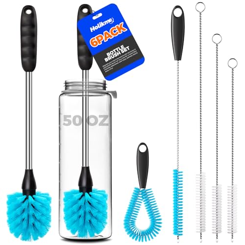 Holikme 6 Pack Bottle Brush 14.5" Long Handle Stainless Steel Brush,Blue | Bottle Cleaner Brush, Long-Handled 6-in-1 Stainless Steel Bottle Brushes for Water Bottle, Cups Straw Cleaner Brush