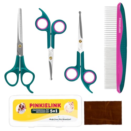 Professional 5 in 1 Pet Grooming Kit - Stainless Steel Dog & Cat Grooming Scissors with Rounded Tip Blades for Safe Fur Trimming, Thinning Shears, Straight Scissors, and Pet Comb (Green 5 in 1) - color: Green 5 in 1