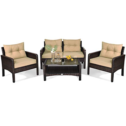 HAPPYGRILL 4-Piece Patio Furniture Outdoor Rattan Wicker Sofa Set with Cushions & Coffee Table with Tempered Glass Table Top and Storage Shelf - color: Brown