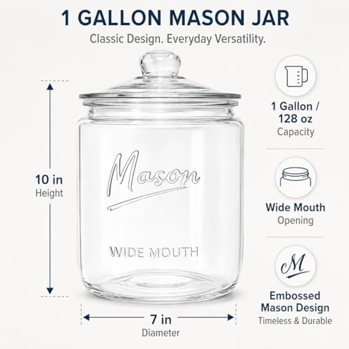 1 Gallon Mason Glass Jar with Lid – Wide Mouth Glass Storage Jar with Airtight Lid, Kitchen Pantry Container with Measurement Markings for Cookies, Candy, Flour Jar, Sugar & Dog Treats - size: Pack of 1