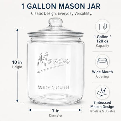 1 Gallon Mason Glass Jar with Lid – Wide Mouth Glass Storage Jar with Airtight Lid, Kitchen Pantry Container with Measurement Markings for Cookies, Candy, Flour Jar, Sugar & Dog Treats - size: Pack of 1
