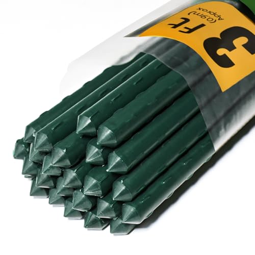 Jollybower 25pcs Steel Plant Stakes 3 Feet,Sturdy Plant Sticks, Plastic Coated Metal Garden Stakes Supports Climbing for Tomato, Bean, Flowers, Tree Potted - size: 3Ft, Pack of 25