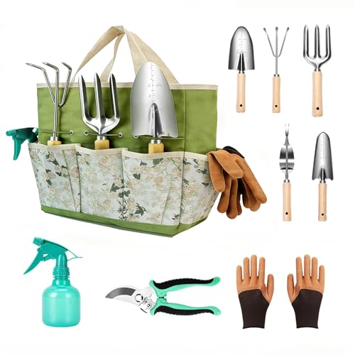 Garden Tool Set, 9 Pcs Heavy Duty Stainless Steel Gardening Hand Tool, Green Garden Tool Bag Kit, Gardening Supplies Gifts for Women Men Mom Dad Gardener Beginner - color: Green-Yellow Flower