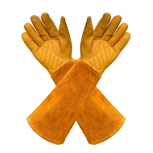 Gardens Leather Gardening Gloves for Women and Men | Thorn and Cut Proof Garden Work Gloves with Long Heavy Duty Gauntlet | Suitable For Thorny Bushes Cacti Rose (Large, Yellow) - size: Large (Pack of 1)