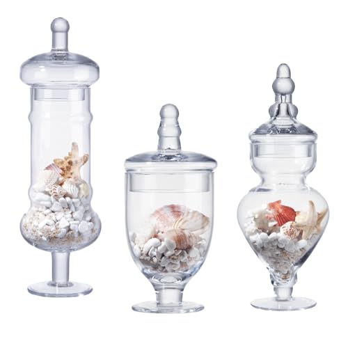 Diamond Star Set of 3 Apothecary Jar Glass Decorative Candy Jars Elegant Storage Candy Buffet Display, Wedding Candy Organizer Canisters (H: 9", 12.5", 14"; 20 FL.OZ, 23 FL.OZ and 28 FL.OZ) - color: Clear, size: Height: 9" 12.5" 14"