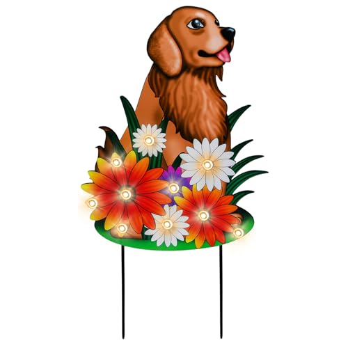 WONDER GARDEN Outdoor Garden Stakes with LED Lighted Dog Flower Yard Sign | Battery Powered, Spring Decor, Metal Stake for Home Outdoor Lawn Yard Art Porch Flower Bed Decor - color: orange
