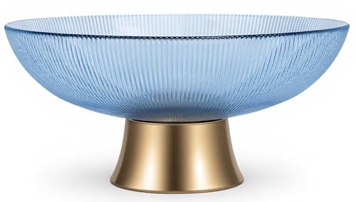 Round Glass Decorative Bowl (Blue), 9.8 Inches Handblown Striped Design Glass Bowl with Rust Resistant Metal Base,Decor Fruit Bowl for Home Decor,Table Centerpiece,Kitchen Island and Dining Decor - color: Blue