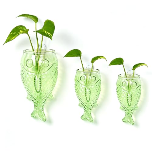 Wall Hanging Propagation Station: 3 PCS Green Fish Shaped Glass | Plant Terrarium Vases, Home Office Desk Decor, Unique Gifts for Women Mom - color: Green