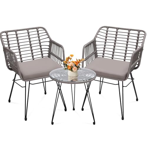 KROFEM 3 Piece Wicker Patio Bistro Furniture Set, Grey | Includes 2 Rattan Chairs and Glass Top Table, Ideal for Porch, Outdoor, Backyard, Apartment, Balcony - color: Grey, size: 3 PCS