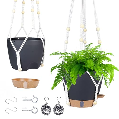 8 Inch Self Watering Hanging Planter for Indoor Outdoor Plants, 2 Pack | Hanging Baskets Flower Pots with Drainage Holes, Visible Water Window, Metal Chain & Macrame Plant Hangers - color: Black, size: 8 inch