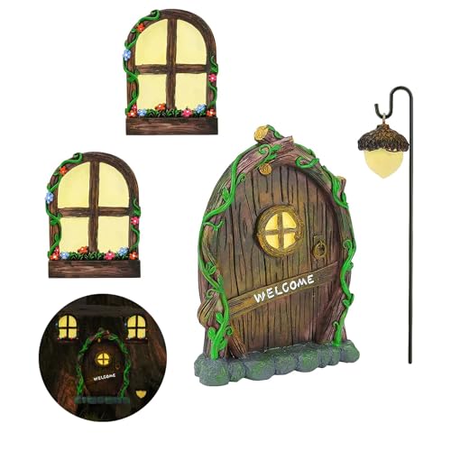 Fairy Door and Windows for Trees Outdoor, Glow in The Dark Fairy Doors Miniature Fairy Garden Accessories, Yard Art Sculpture Decoration Fairy Garden Decor with Lantern for Outside, Patio - color: Tree